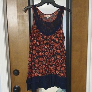 Y2K Retro Floral Print Lace Tunic Tank M